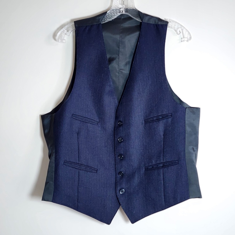 Pinstripe Suit Vest Mens Large Navy Blue Wool Front Silky Back #vent Formal Grad
